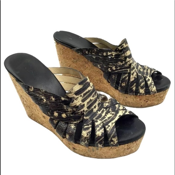 Jimmy Choo Women’s Snakeskin Embossed Leather and Cork Slide Wedge Sandals - Picture 8 of 16